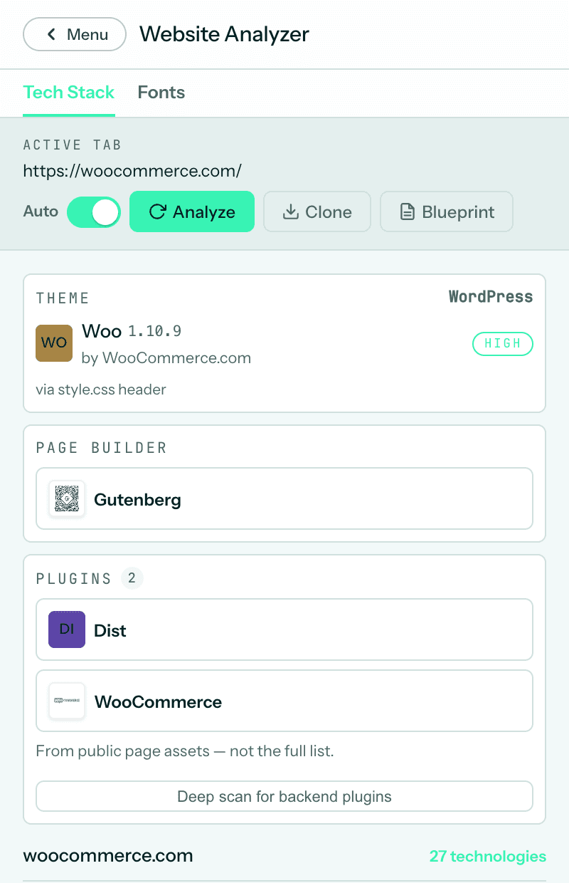 The Website Analyzer in the Vantic Web Tools side panel, reading woocommerce.com: the Woo theme 1.10.9, the Gutenberg page builder, two plugins and 27 technologies.