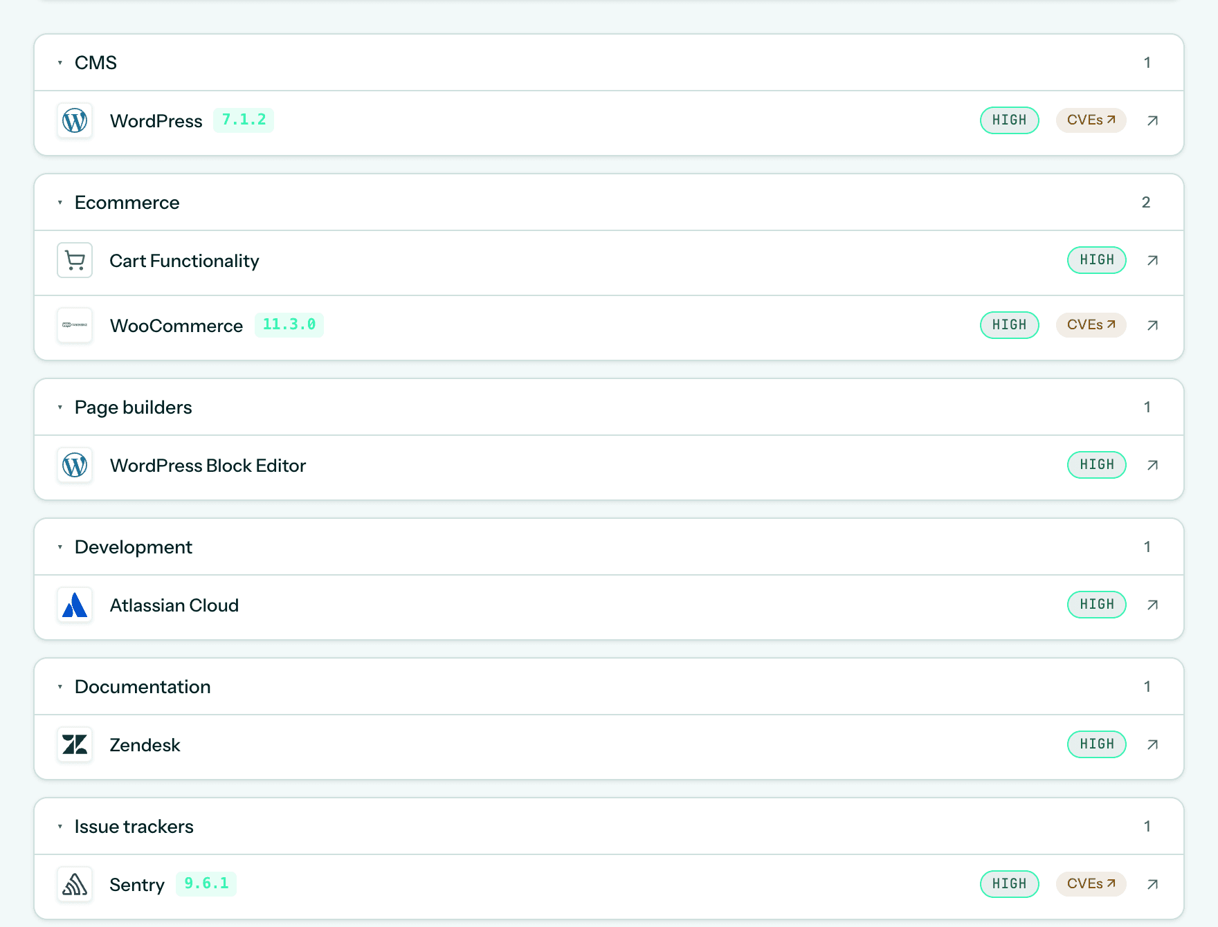 The Website Analyzer in the Vantic Web Tools dashboard, reading woocommerce.com: WordPress 7.1.2, WooCommerce 11.3.0, the WordPress Block Editor and more, each with a confidence level.