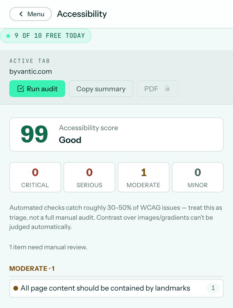 Accessibility in the Vantic Web Tools side panel for byvantic.com: a score of 99, Good, with issues grouped by severity.