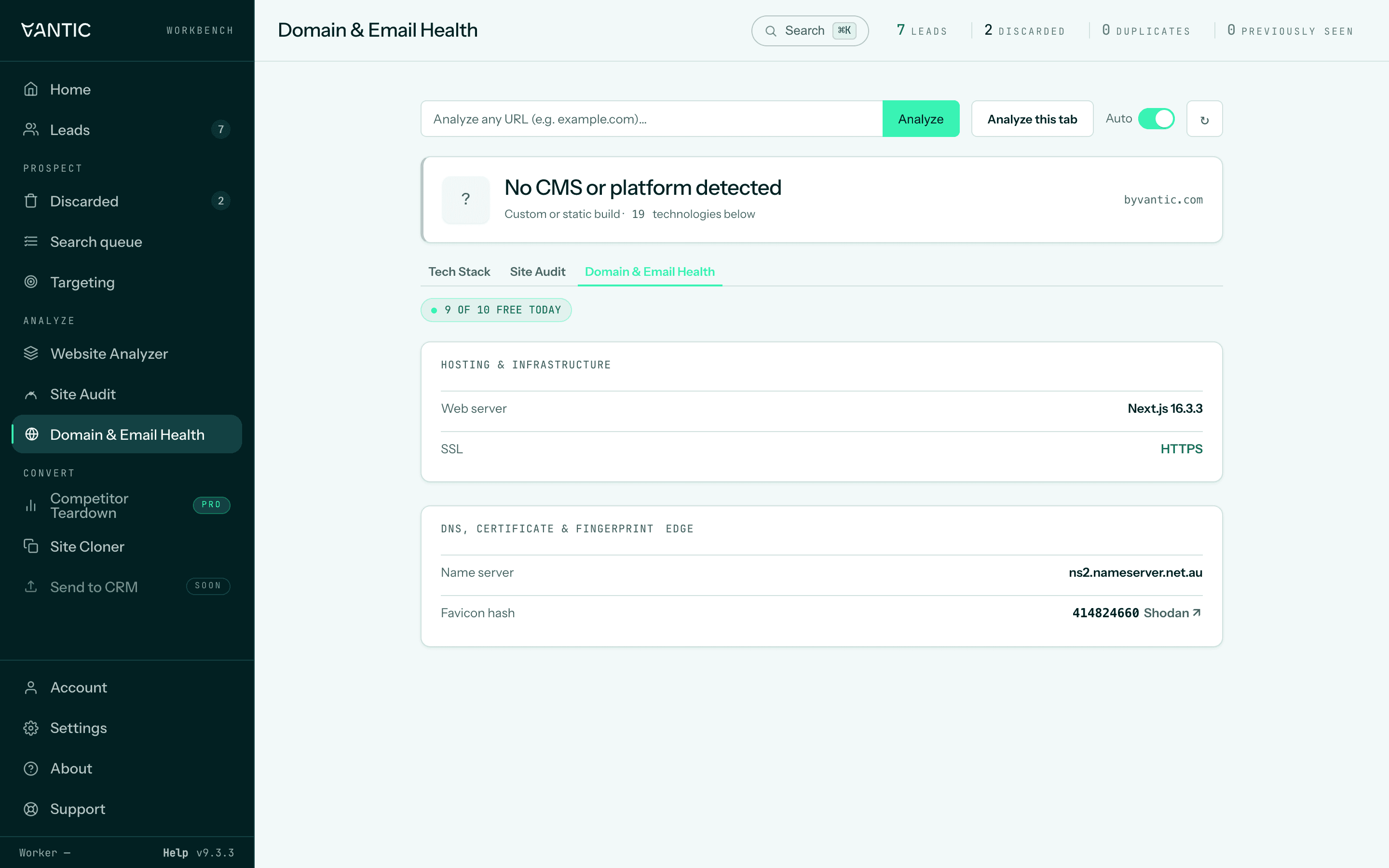 The Vantic Web Tools Domain and Email Health view for byvantic.com: web server, SSL, TLS issuer, name server and favicon hash.