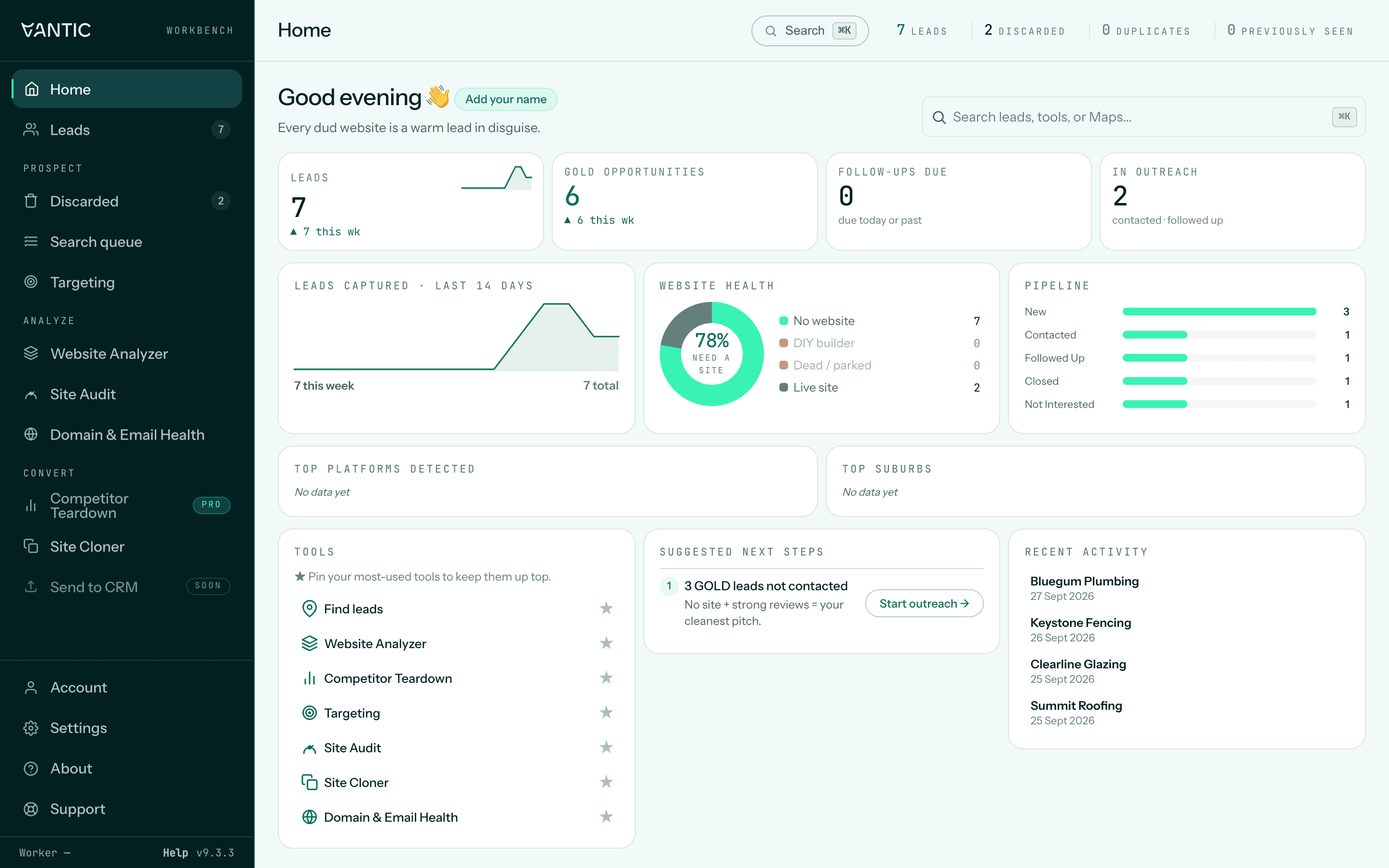 The Vantic Web Tools dashboard Home view: lead counts, website health, pipeline by status and suggested next steps.
