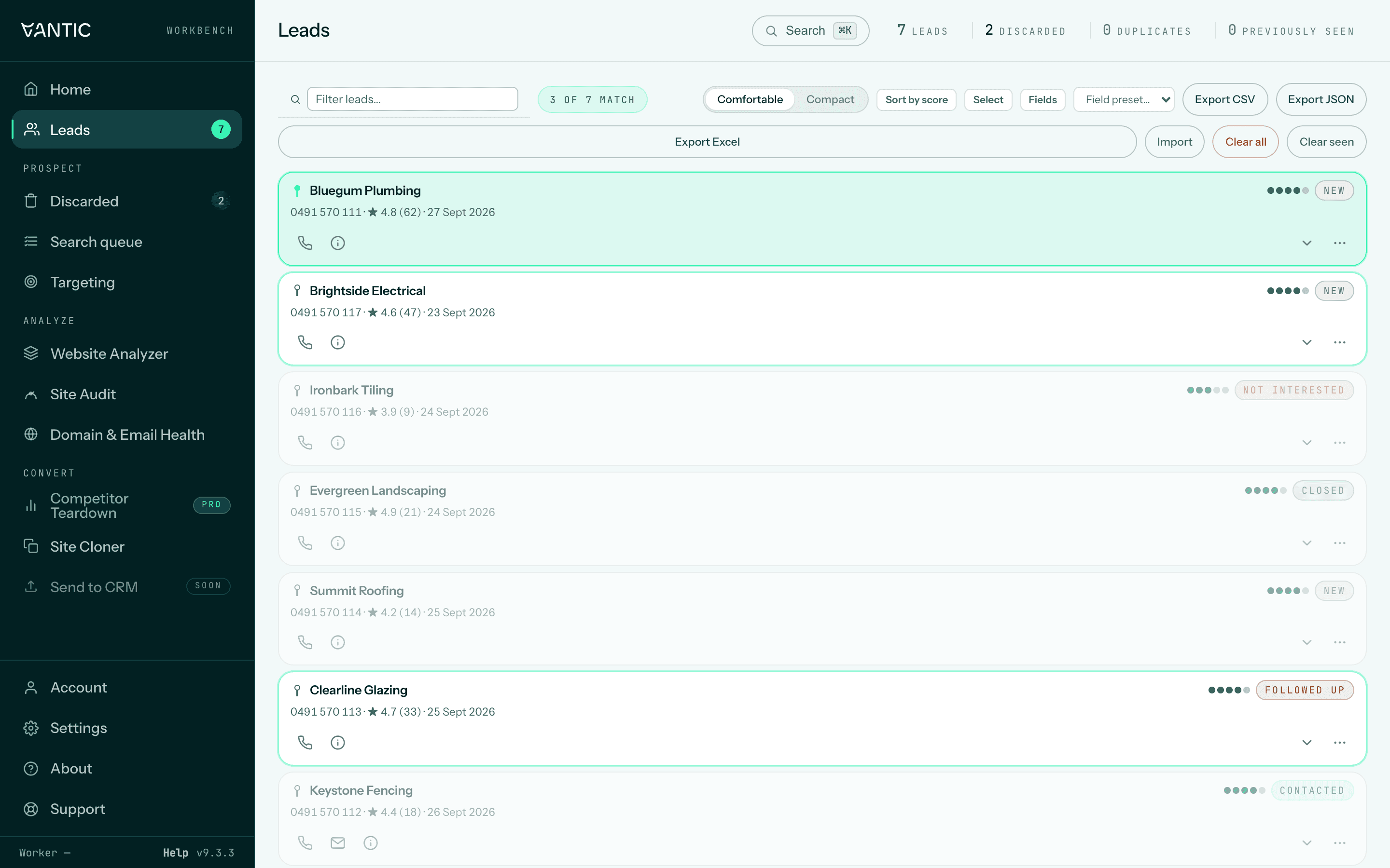 The Vantic Web Tools dashboard, Leads view: seven sample leads with scores, statuses, pins and export controls.