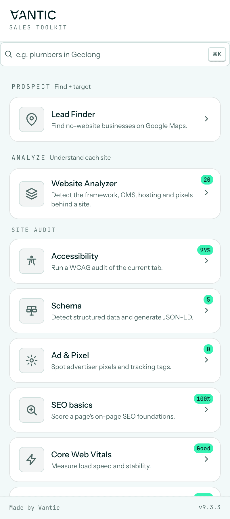 The Vantic Web Tools side panel in Chrome, showing the live audit of byvantic.com: 20 technologies detected and accessibility at 99%.